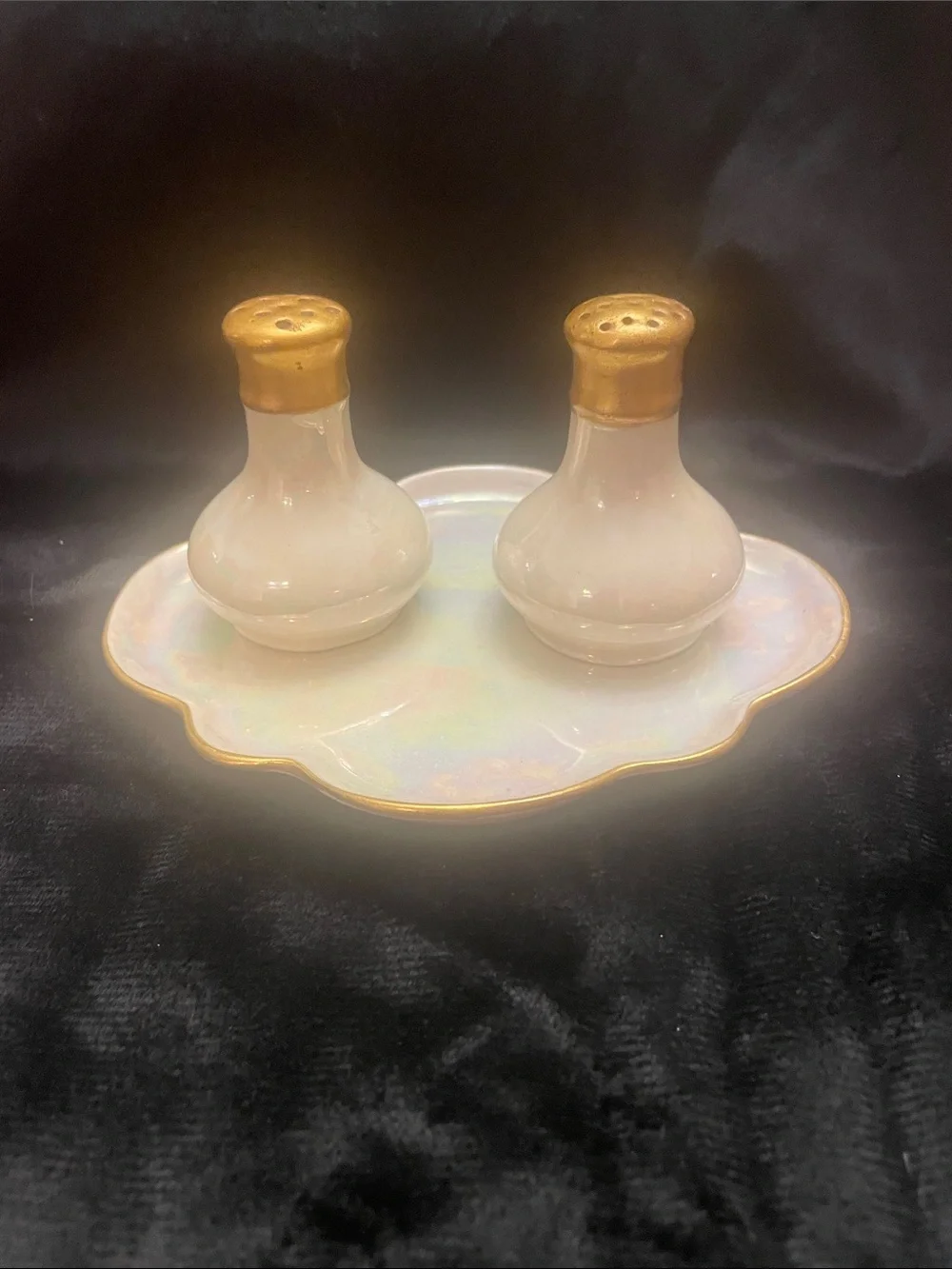 Pearlescent White Salt & Pepper Set with Gold-Trim Tray